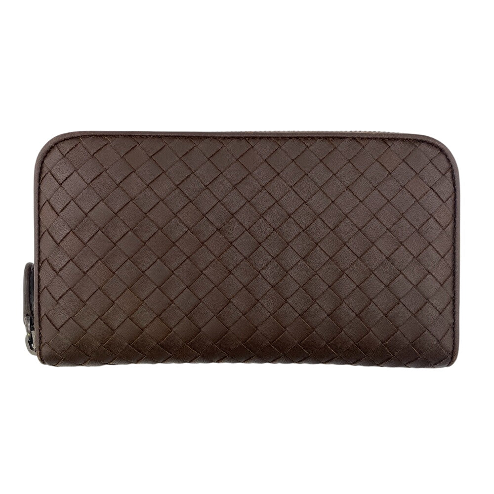 BOTTEGAVENETA Long Wallet Purse leather Brown Zip Around INTRECCIATO mens Used Authentic