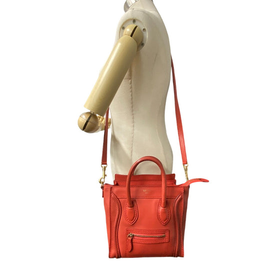 CELINE Shoulder Bag leather Red 2way handbag Luggage Nano Shopper Women Used Authentic