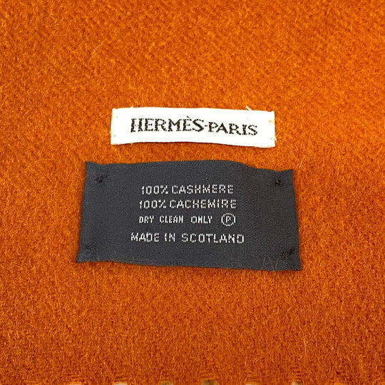 HERMES Scarf cashmere Orange 1 fringe(Unisex) Used Authentic