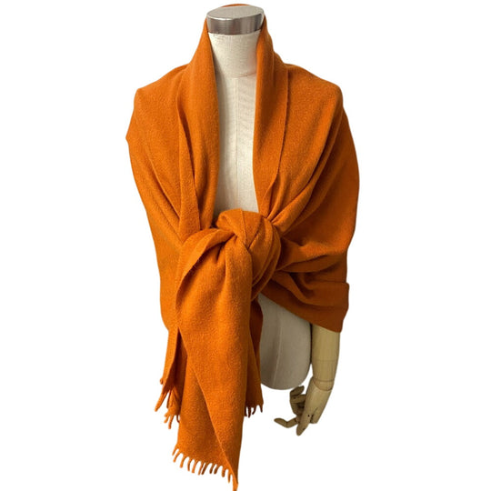 HERMES Scarf cashmere Orange 1 fringe(Unisex) Used Authentic