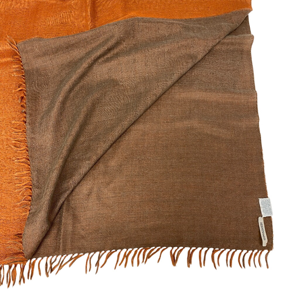 HERMES Scarf Cashmere, Silk Orange fringe Women Used Authentic