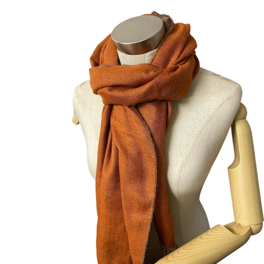 HERMES Scarf Cashmere, Silk Orange fringe Women Used Authentic