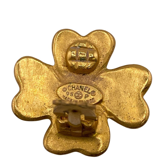 CHANEL Earring 95P Gold Plated gold COCO Mark Clover Women Used Authentic