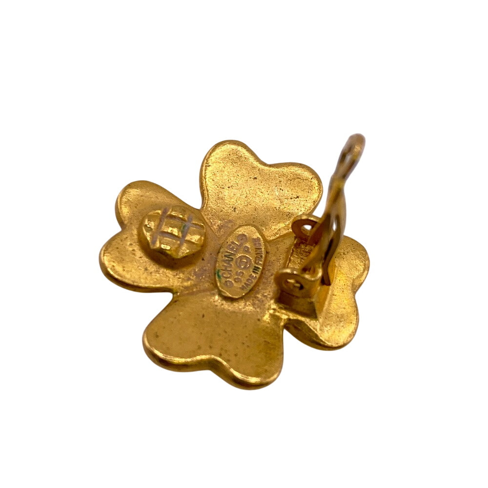 CHANEL Earring 95P Gold Plated gold COCO Mark Clover Women Used Authentic