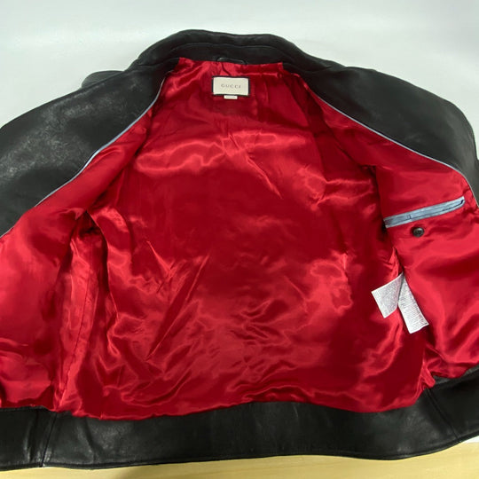 GUCCI Riders jacket 442668 Lambskin, Leather black TIGER EMBROIDERED BIKER JACKET mens 54 Used Authentic