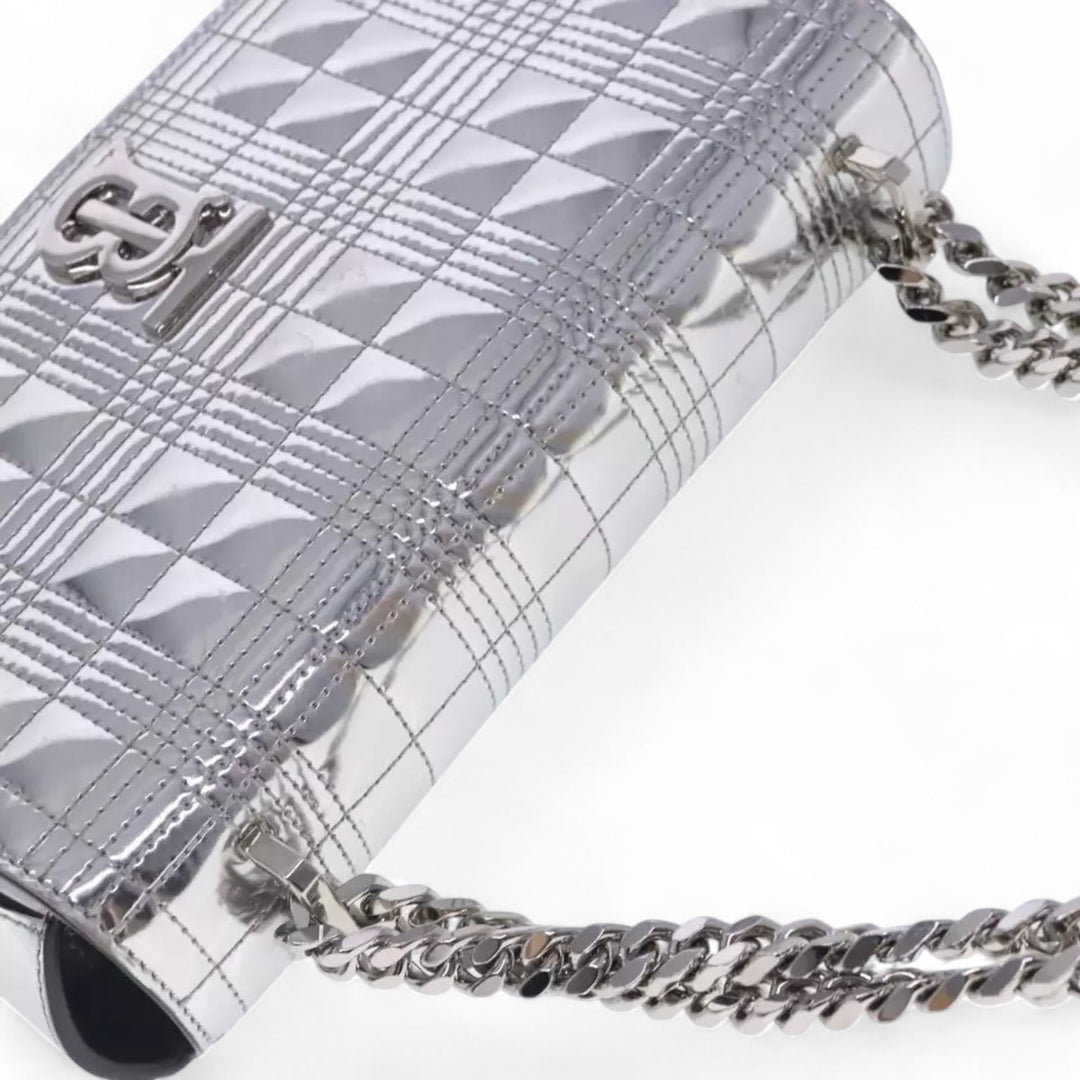 Burberry Chain Shoulder Bag Patent Leather Silver Women Handbag