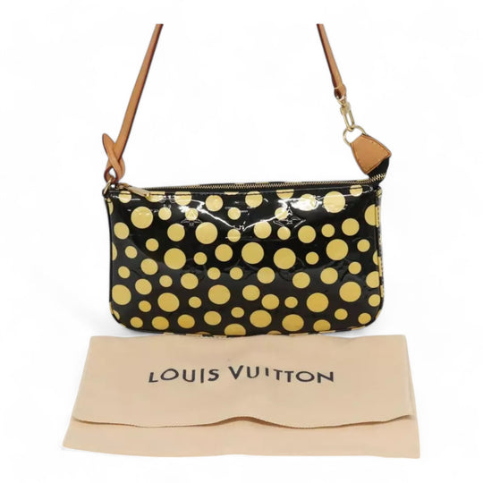Louis Vuitton Vernis Yayoi Kusama Pochette Accessoires Black Yellow Polka Dot Shoulder Bag Women's Handbag M91427