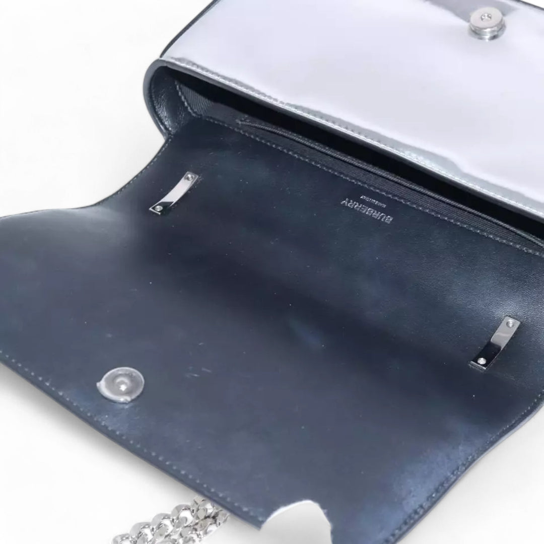 Burberry Chain Shoulder Bag Patent Leather Silver Women Handbag