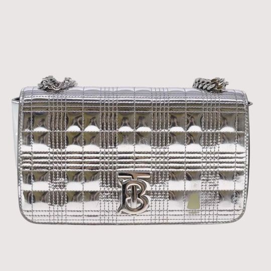 Burberry Chain Shoulder Bag Patent Leather Silver Women Handbag