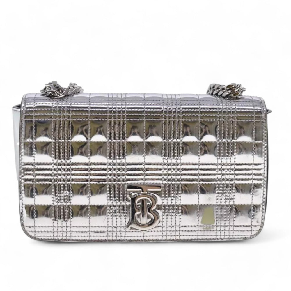 Burberry Chain Shoulder Bag Patent Leather Silver Women Handbag
