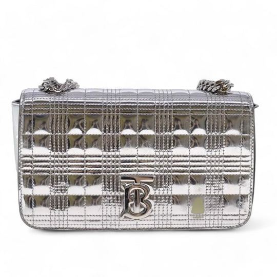 Burberry Chain Shoulder Bag Patent Leather Silver Women Handbag