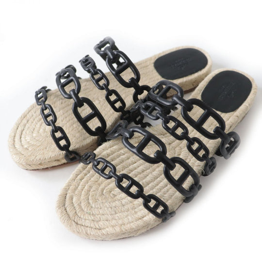 HERMES Sandals leather Black x Natural 37