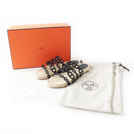 HERMES Sandals leather Black x Natural 37