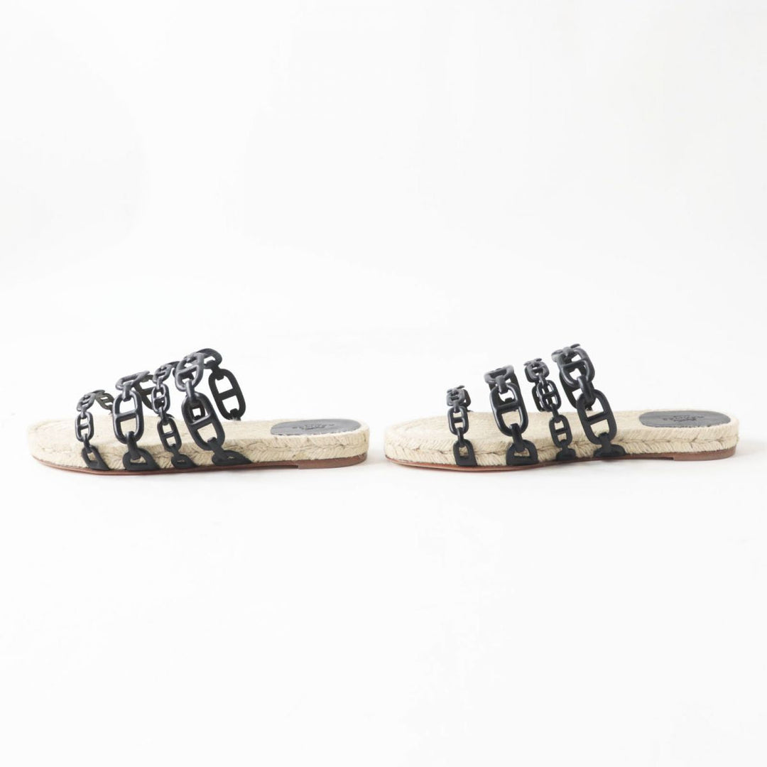 HERMES Sandals leather Black x Natural 37