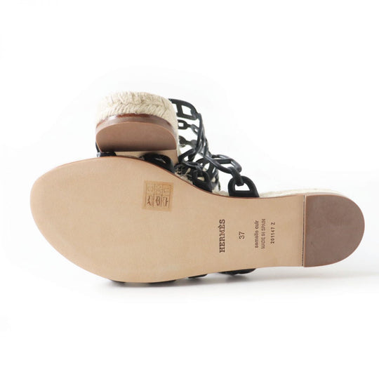 HERMES Sandals leather Black x Natural 37