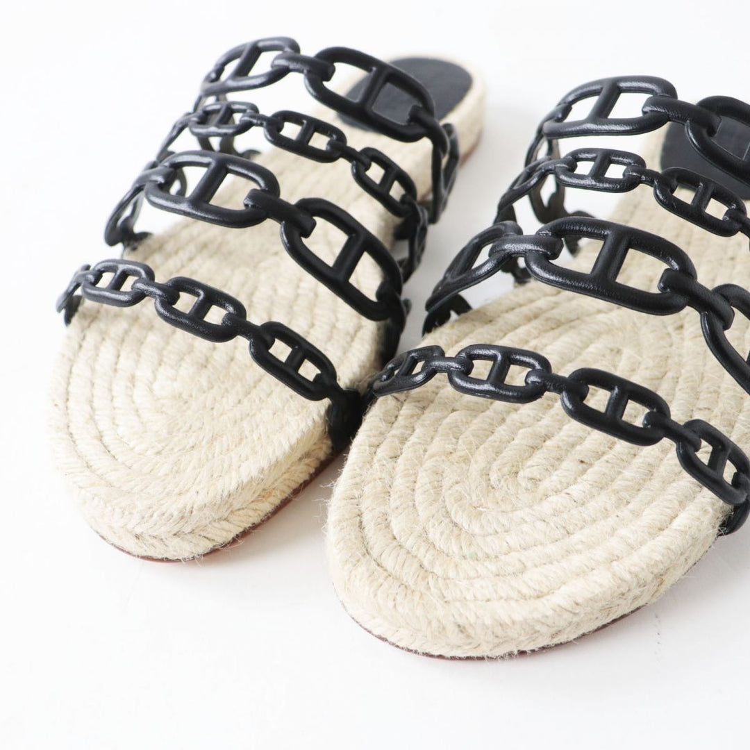HERMES Sandals leather Black x Natural 37