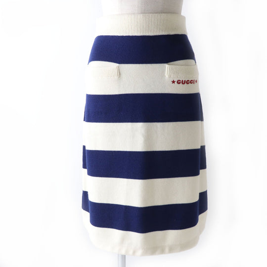 GUCCI skirt 691664 Outer: 100% wool, Lining: 95% wool, Lining: 4% nylon, Lining: 1% polyurethane, Embroidery: 100% polyester Ivoryx navy Women XS Used Authentic