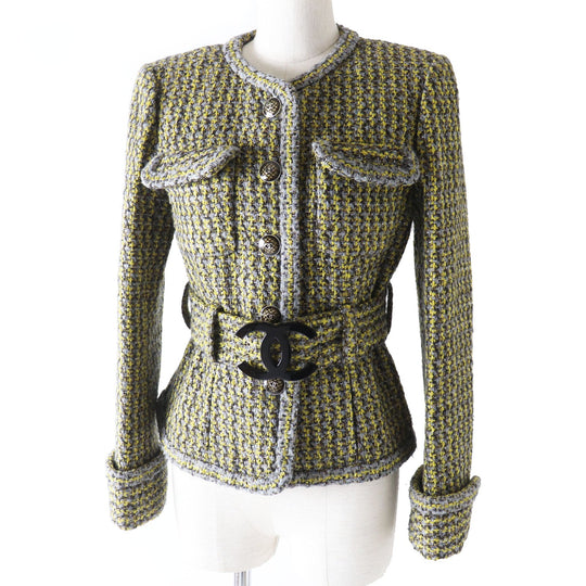 CHANEL coat P57148 Outer material: 43% rayon, 26% acrylic, 13% wool, 10% polyester, 7% nylon, 1% fiber, 100% silk Yellow x gray Women 36 Used Authentic