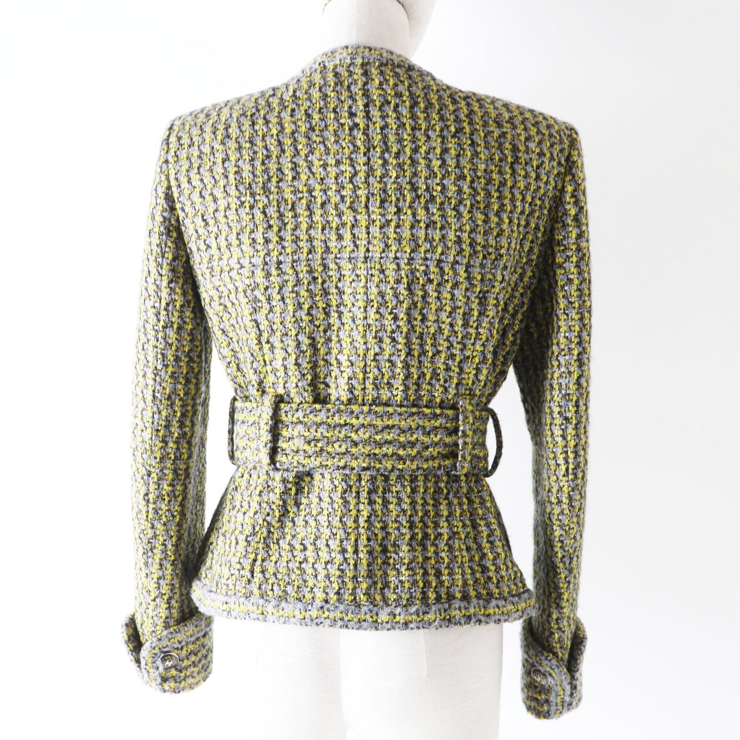 CHANEL coat P57148 Outer material: 43% rayon, 26% acrylic, 13% wool, 10% polyester, 7% nylon, 1% fiber, 100% silk Yellow x gray Women 36 Used Authentic