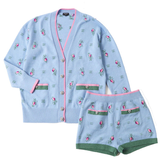 CHANEL setup P73869 P73823 Outer: 100% cashmere, part: 99% cashmere, part: 1% polyurethane light blue multi Women (Top)36, (Bottom)38 Used Authentic