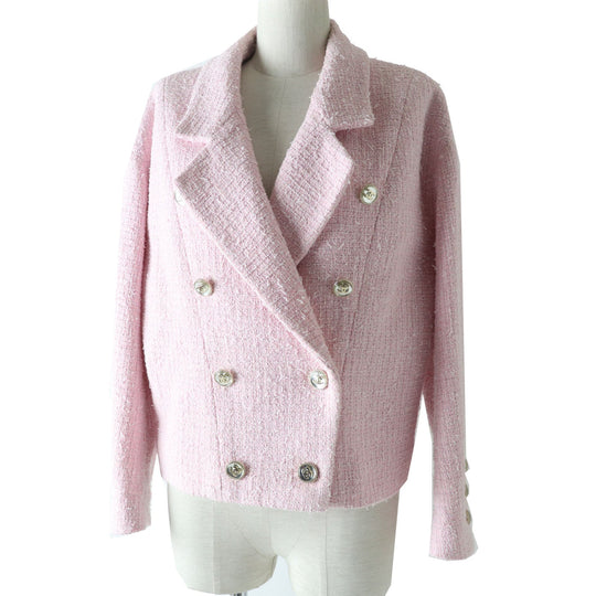 CHANEL Blouson P70560 Outer material: 34% cotton, Outer material: 26% polyester, Outer material: 21% acrylic, Outer material: 16% rayon, Outer material: 3% nylon, Lining: 100% silk Baby pink x white Women 40 Used Authentic
