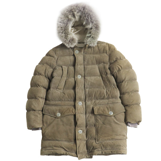 Herno Down jacket PL0025U18010 Outer: Goatskin, Lining: 100% Polyester, Lining: 71% Rayon, Lining: 29% Polyester, Lining: 100% Polyester, Filling: 90% Down, 10% Feather, Rib: 98% Nylon, 2% Polyurethane, Fur: Coyote Khaki gray mens 44 Used Authentic