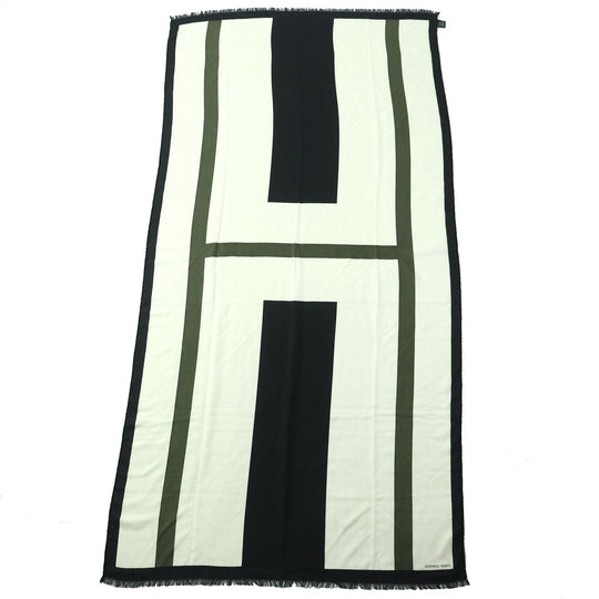 HERMES shawl Main: 70% cashmere, Main: 30% silk Black White Khaki Women Used Authentic