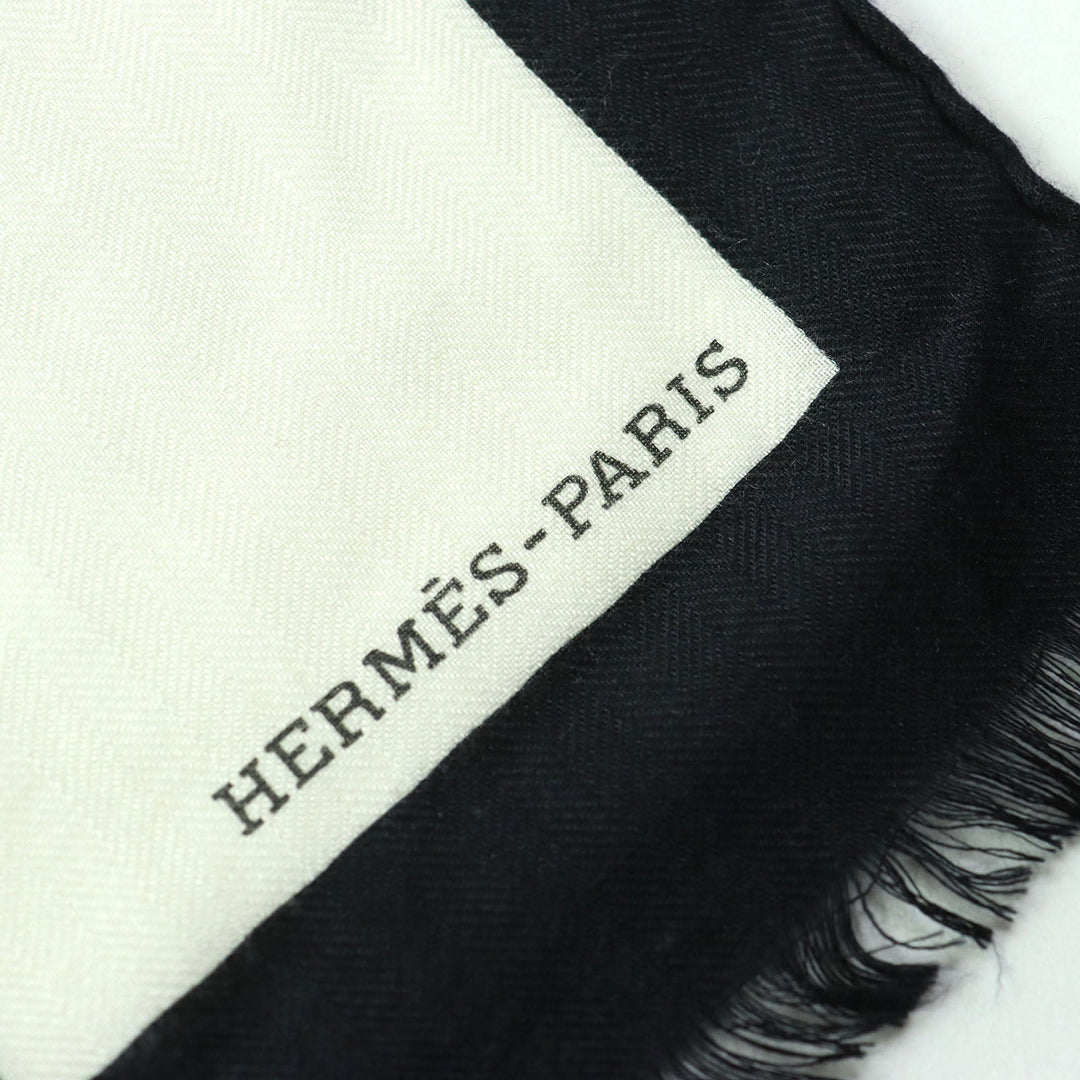 HERMES shawl Main: 70% cashmere, Main: 30% silk Black White Khaki Women Used Authentic