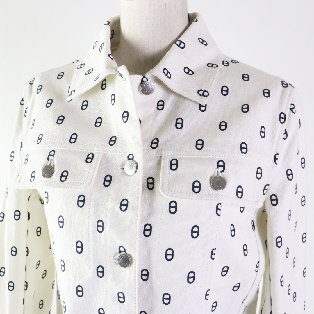HERMES Denim Jacket 3E0231D5 Outer material: 98% cotton, Outer material: 2% polyurethane, Lining: 100% cotton, Leather part: Cowhide White navy Women 38 Used Authentic