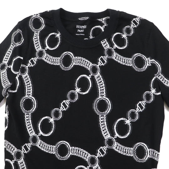 HERMES Short sleeve T-shirt 2E4600D2 Main: 100% cotton, Rib part: 82% cotton, 17% nylon, 1% polyurethane Black White Nadge Chain Women 34 Used Authentic