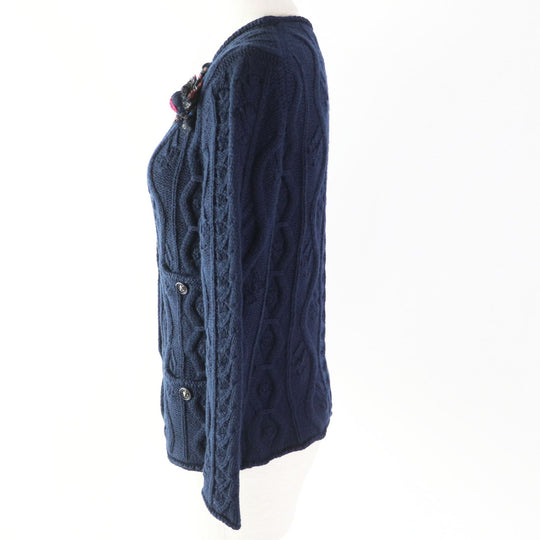 CHANEL cardigan P46489 Main: 100% cashmere, Other: 58% cashmere, 20% wool, 10% rayon, 9% nylon, 3% silk Navy Women 34 Used Authentic