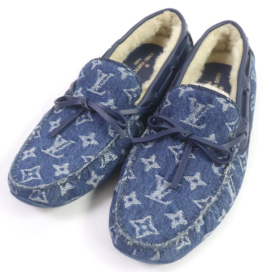 LOUIS VUITTON loafers Front: Monogram denim Back: Mouton blue Arizona line mens 6 Used Authentic