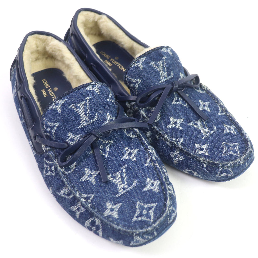 LOUIS VUITTON loafers Front: Monogram denim Back: Mouton blue Arizona line mens 6 Used Authentic