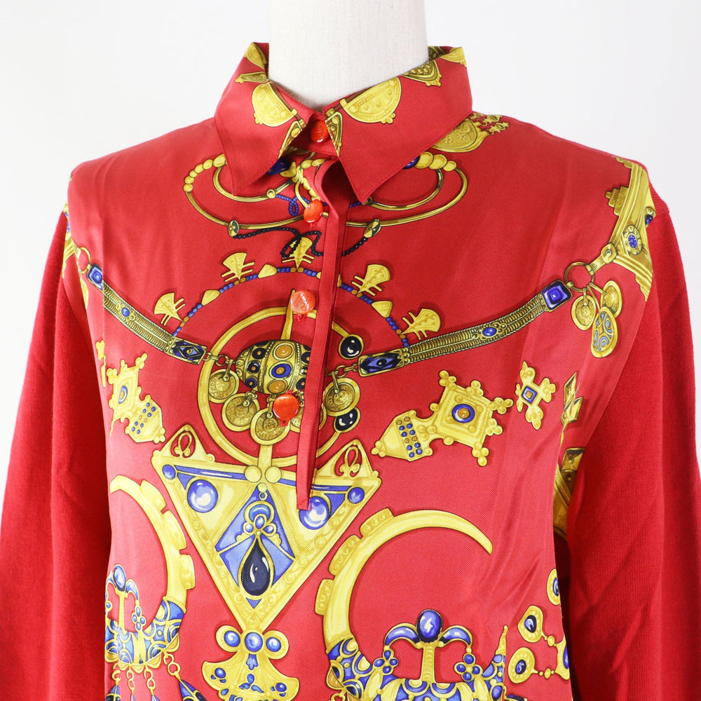 HERMES Long sleeve shirt Printed part: 100% silk; Knitted part: 85% cotton, 15% wool (15% cashmere) Red type Parures Des Sables Desert Accessories Women S Used Authentic