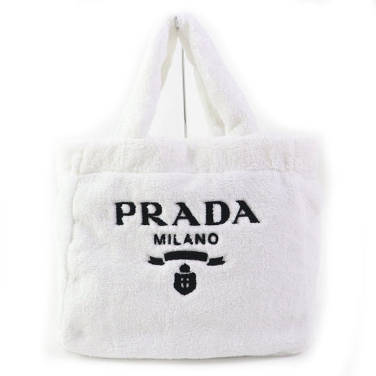 PRADA Tote Bag 1BG130 Terry (pile fabric) White Black , BIANCO NERO SPUGNA Women Used Authentic