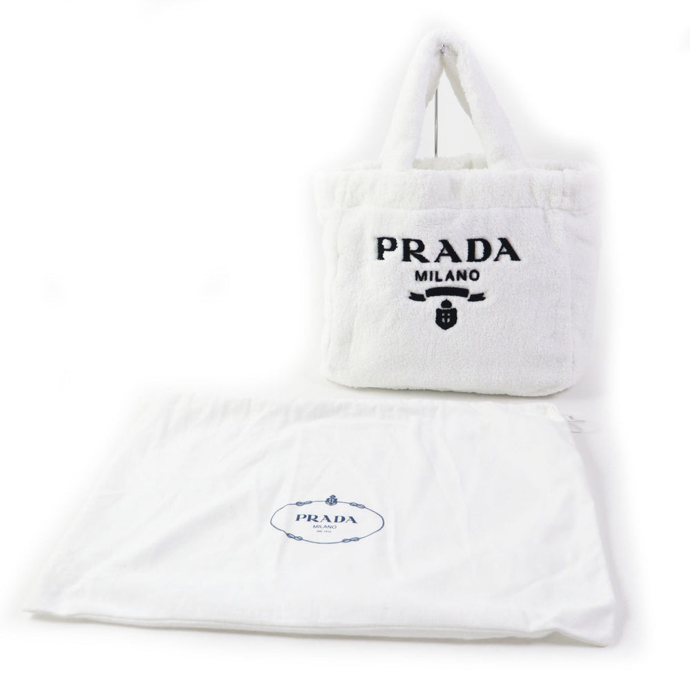 PRADA Tote Bag 1BG130 Terry (pile fabric) White Black , BIANCO NERO SPUGNA Women Used Authentic