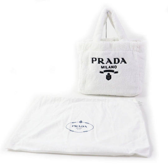 PRADA Tote Bag 1BG130 Terry (pile fabric) White Black , BIANCO NERO SPUGNA Women Used Authentic