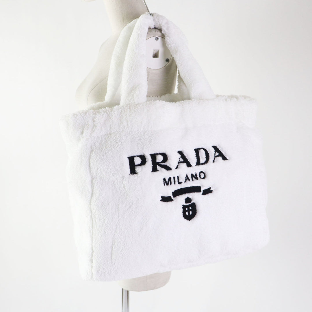 PRADA Tote Bag 1BG130 Terry (pile fabric) White Black , BIANCO NERO SPUGNA Women Used Authentic