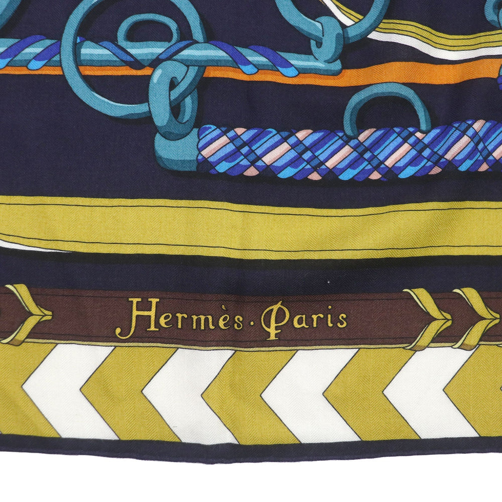 HERMES Stall Main: 70% cashmere, Main: 30% silk Navy type Women Used Authentic