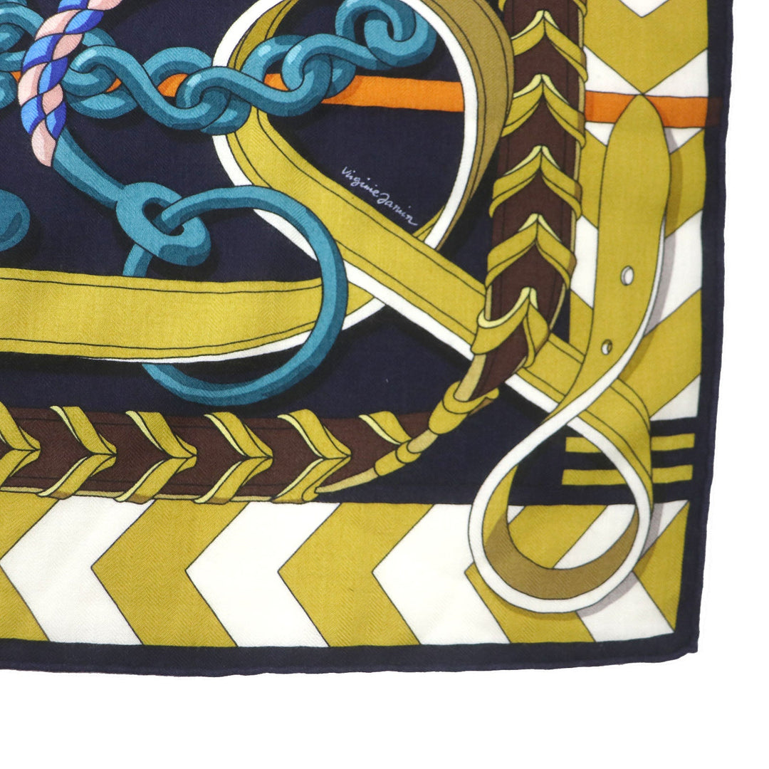 HERMES Stall Main: 70% cashmere, Main: 30% silk Navy type Women Used Authentic