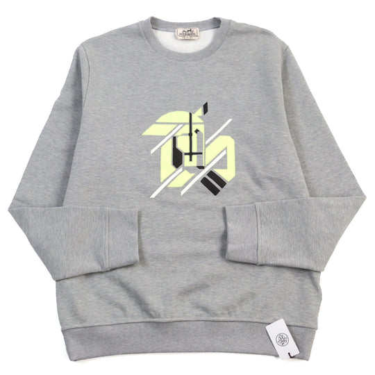 HERMES sweat 31-5765 Main: 100% cotton, Rib part: 90% cotton, 10% polyurethane, Leather part: Lamb leather gray mens L Used Authentic