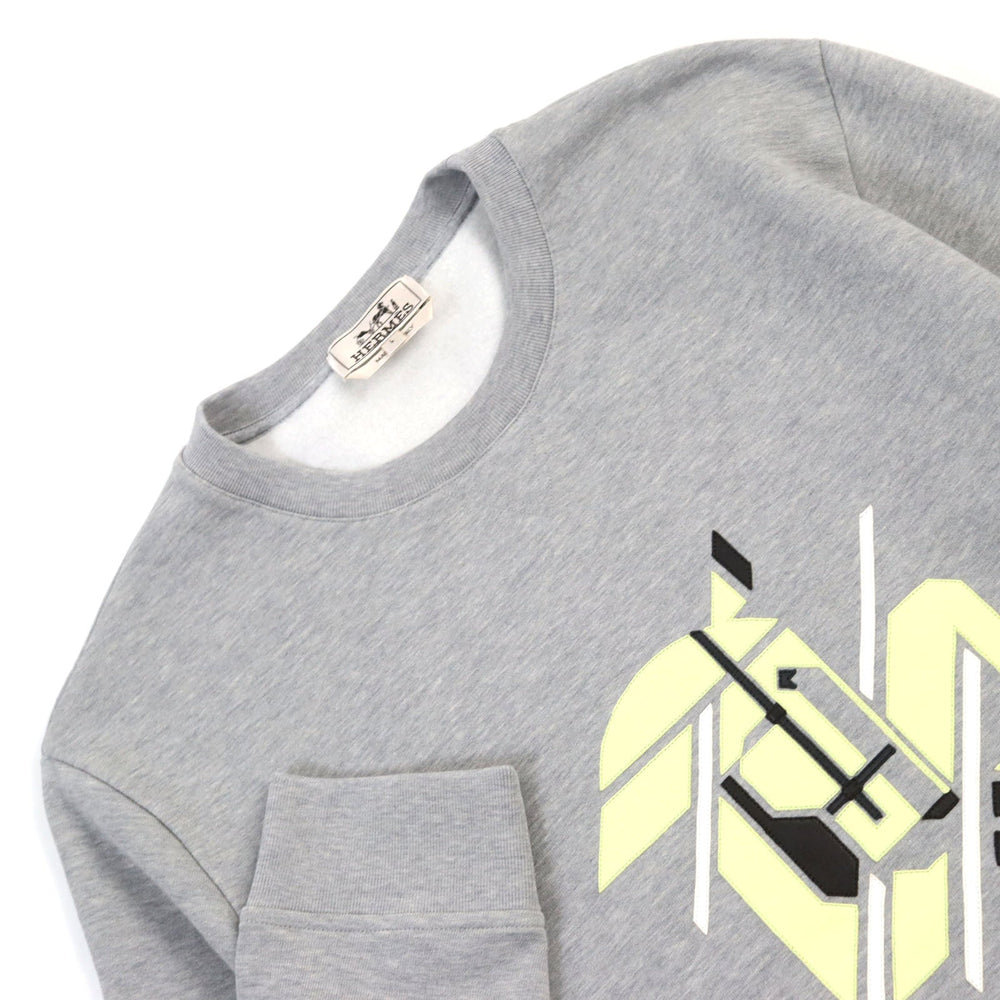 HERMES sweat 31-5765 Main: 100% cotton, Rib part: 90% cotton, 10% polyurethane, Leather part: Lamb leather gray mens L Used Authentic