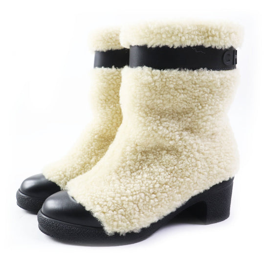 CHANEL short boots G34080 Mouton x leather Black beige Women 34.5 Used Authentic