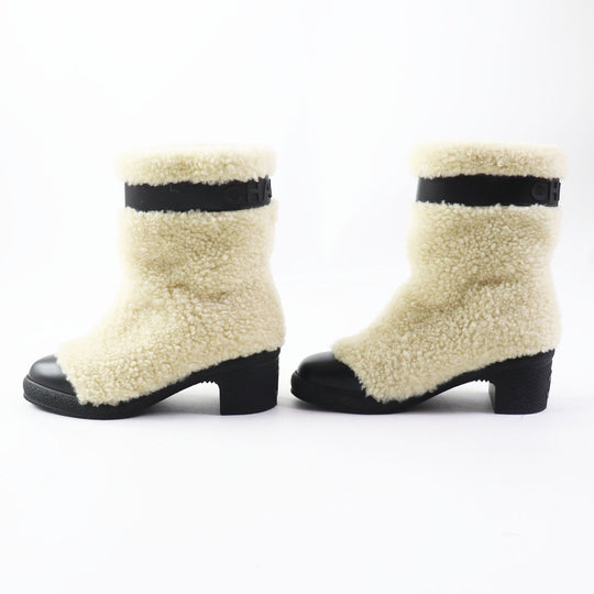 CHANEL short boots G34080 Mouton x leather Black beige Women 34.5 Used Authentic
