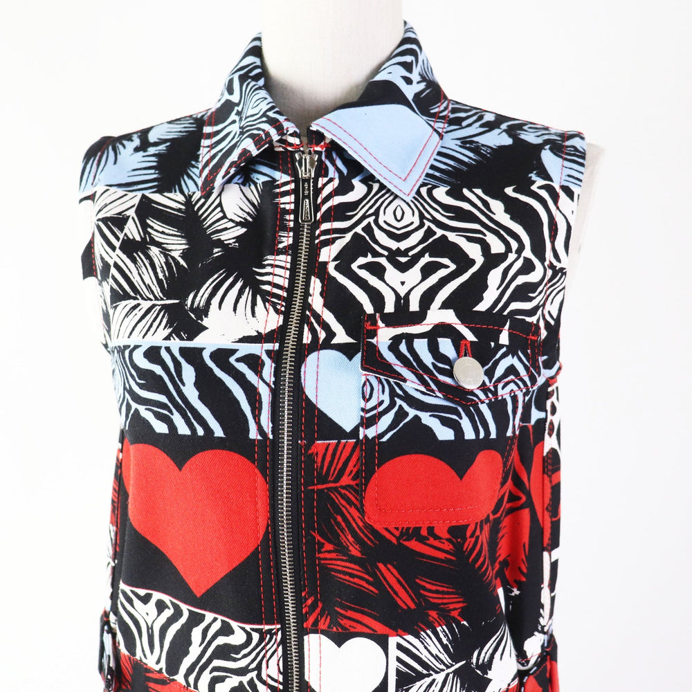 HERMES one piece 3E0551D1 Outer: 98% cotton, Outer: 2% polyurethane, Lining: 64% cotton, Lining: 33% rayon, Lining: 3% polyurethane, Leather: Cowhide Multi Wild print denim dress Women 34 Used Authentic