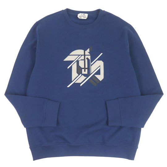 HERMES sweat Main: 100% cotton, Rib: 90% cotton, 10% polyurethane, Part: Sheep leather blue Chevaux en symmetry mens XL Used Authentic