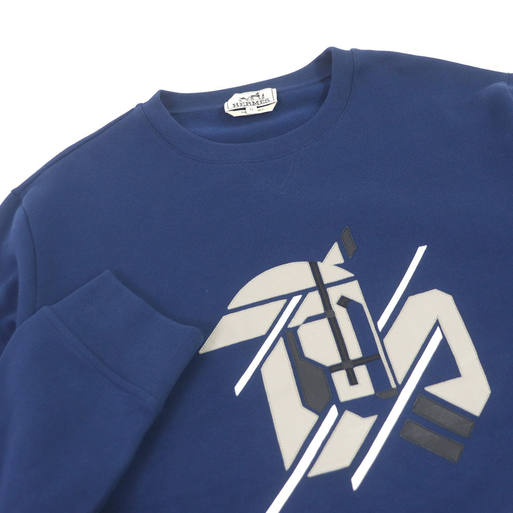 HERMES sweat Main: 100% cotton, Rib: 90% cotton, 10% polyurethane, Part: Sheep leather blue Chevaux en symmetry mens XL Used Authentic