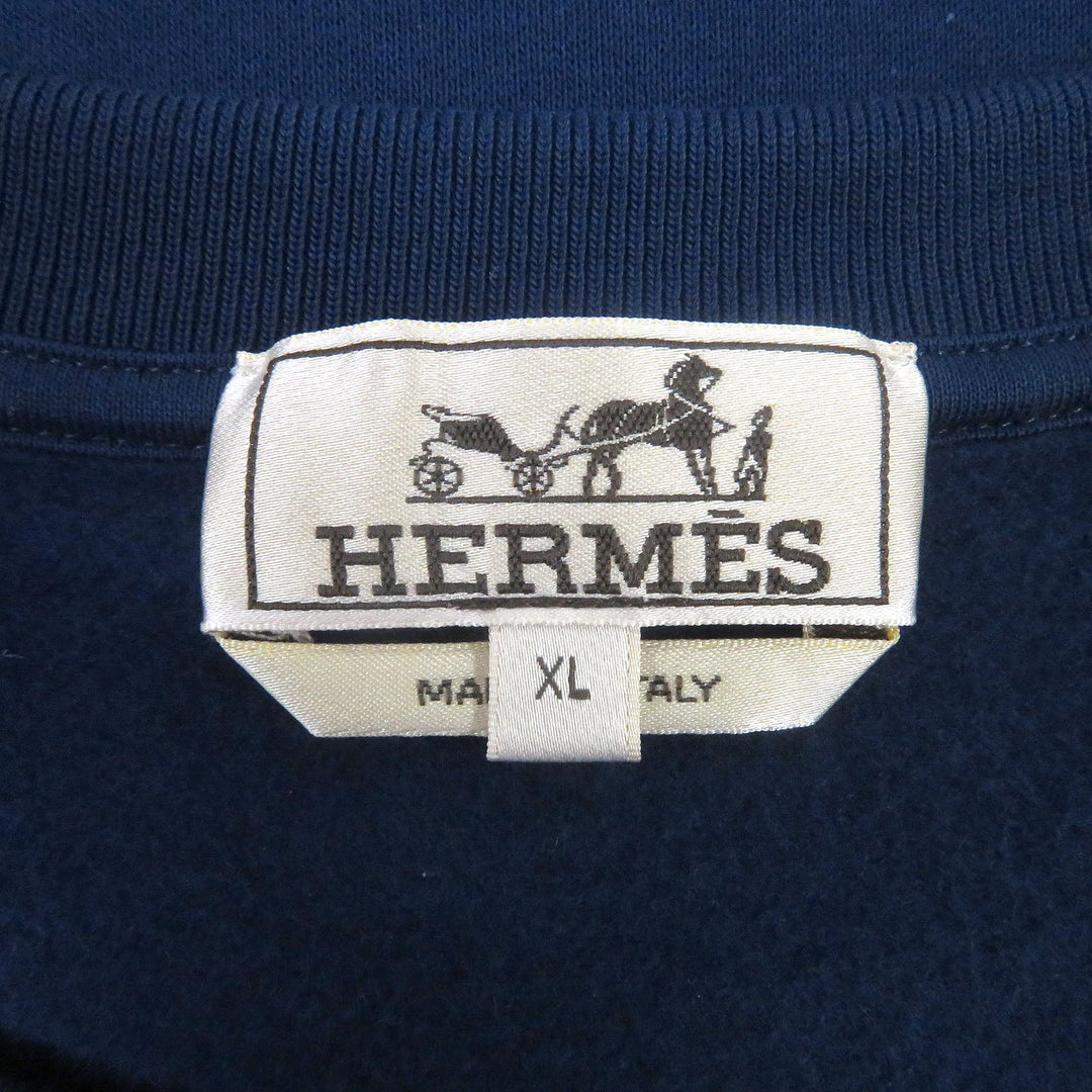 HERMES sweat Main: 100% cotton, Rib: 90% cotton, 10% polyurethane, Part: Sheep leather blue Chevaux en symmetry mens XL Used Authentic
