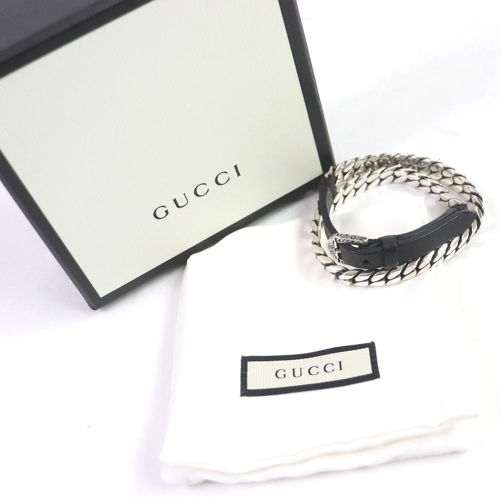 GUCCI bracelet Main: AG925, Main: Leather Silver black mens Used Authentic