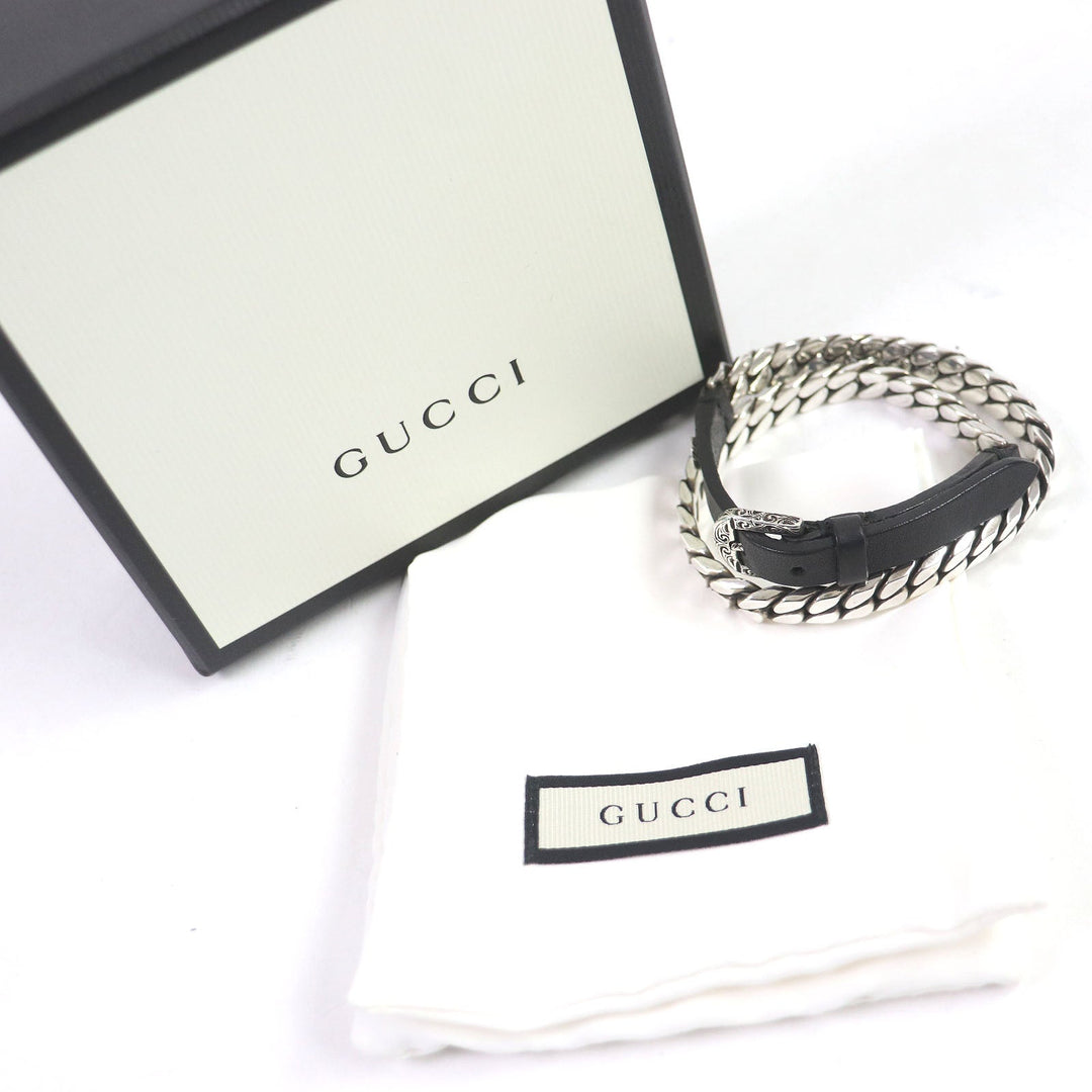 GUCCI bracelet Main: AG925, Main: Leather Silver black mens Used Authentic